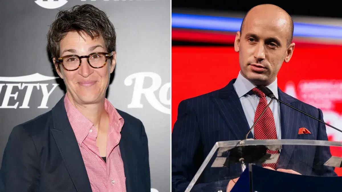 A white woman looks straight at the camera on the left of an image. Pictured to her right is a white man looking towards the left.