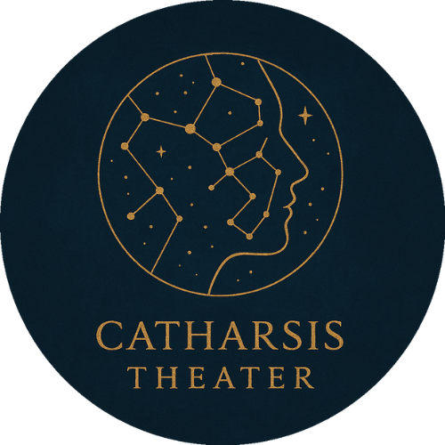 "Circular logo for Catharsis Theater featuring a gold line-art profile of a human face intertwined with constellation patterns, set against a dark navy background. The words 'CATHARSIS THEATER' appear below in gold capital letters."