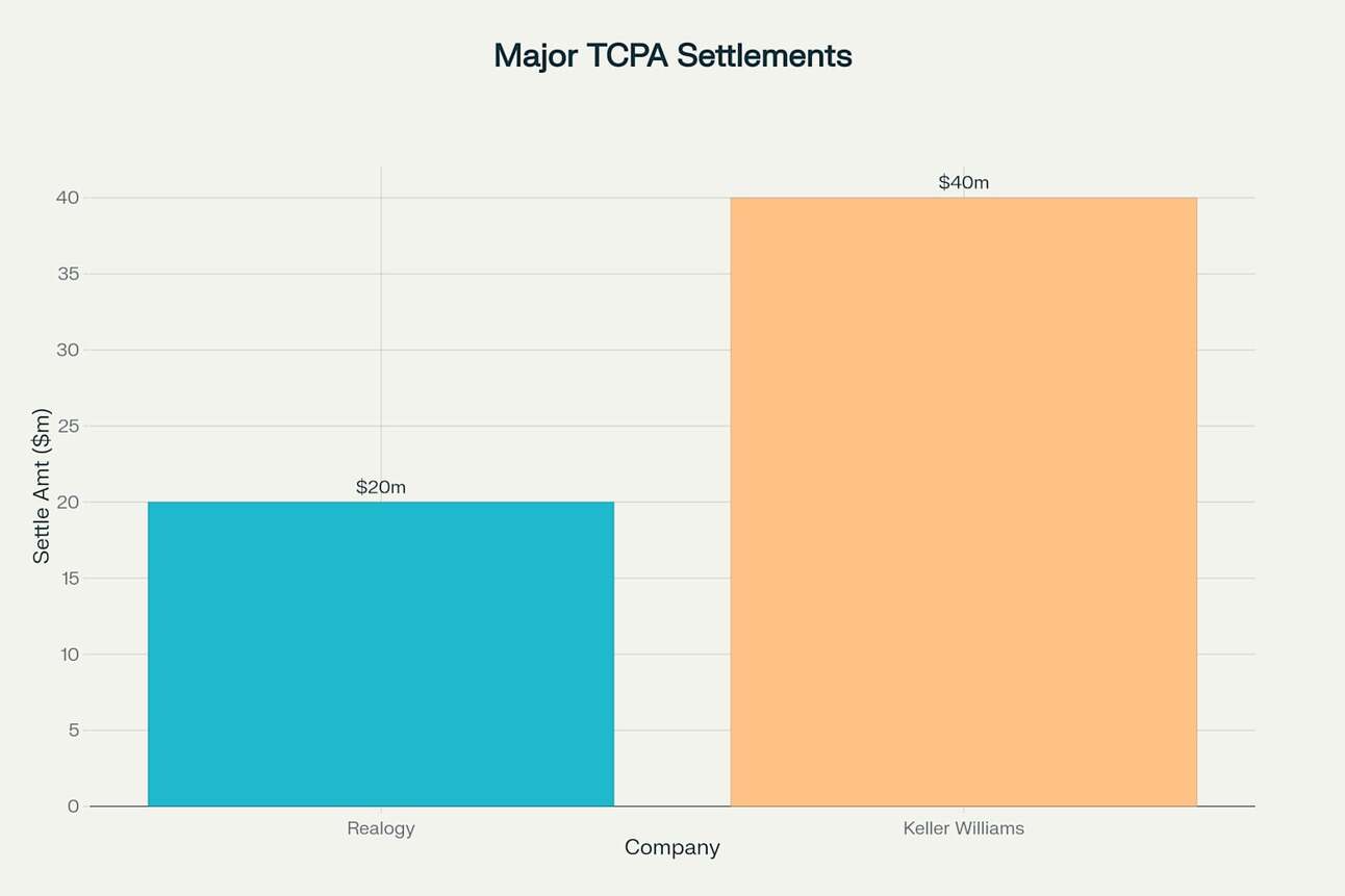 Chart showing major TCPA settlements including Realogy $20M and Keller Williams $40M