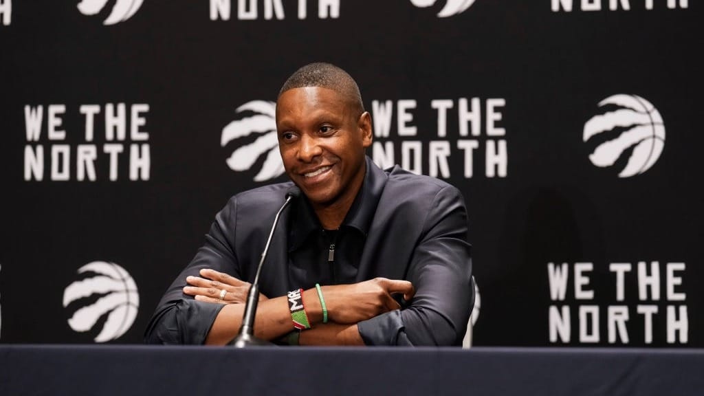 Masai Ujiri President of the Toronto Raptors speaks during media day on October 2, 2023 in Toronto, Ontario, Canada.