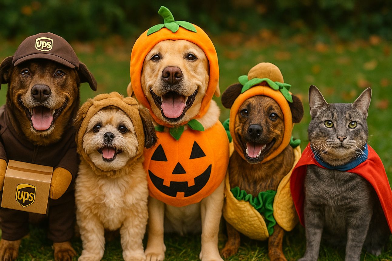 Five pets pose outdoors in Halloween costumes on a grassy lawn with scattered leaves. The group includes a dog dressed as a UPS delivery worker, a small dog as an Ewok, a Labrador in a pumpkin outfit, a brindle dog in a taco costume, and a gray cat wearing a red superhero cape. All appear happy or calm against a leafy autumn background.