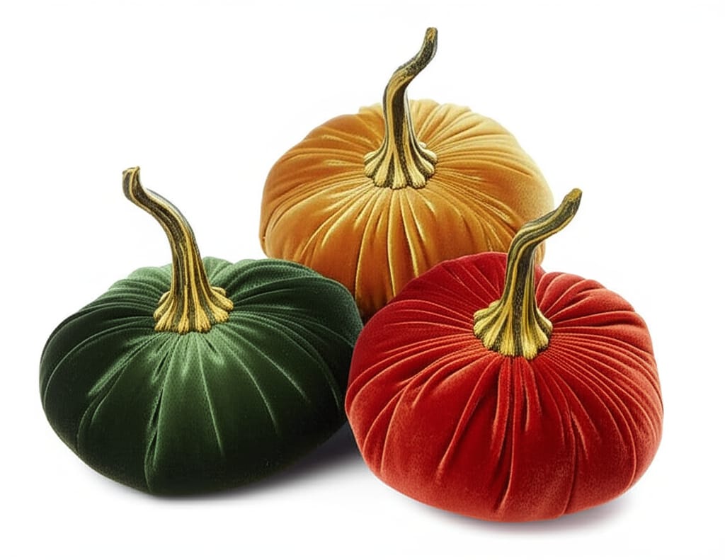 Three velvet pumpkins in rich shades of green, gold, and red, arranged artfully on a solid white background. The image has a clean, modern, and professional aesthetic in a 16:9 landscape orientation.