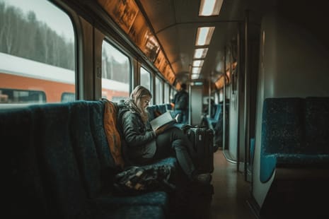 Mujer leyendo un libro dentro de un tren en movimiento, rodeada de maletas y con paisaje invernal afuera.