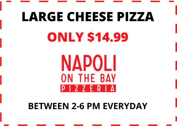 A large cheese pizza is only $ 1 4. 9 9 at napoli on the bay pizzeria