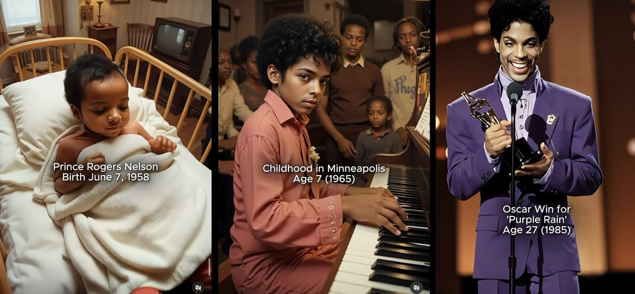 Screenshot of video containing AI generated images of the musician Prince