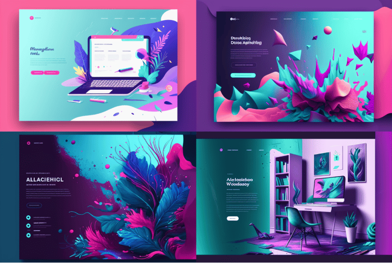 4 images showing visually impactful website landing pages, showing splashes of pink and blue paint, and computer desks decorated with abstract graphic leafy plants