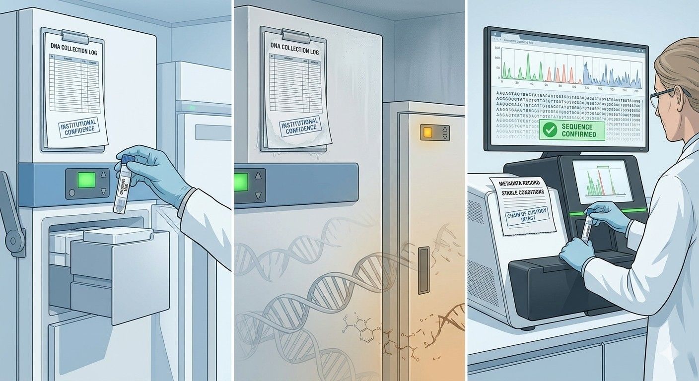 Illustration of a laboratory workflow showing a scientist handling DNA samples, cold storage with labeled collection logs, environmental exposure risks causing molecular degradation, and sequencing validation on a computer with “sequence confirmed,” highlighting chain of custody, sample integrity, and bioinformatics verification in biodesign and genomic data systems from Biodesign Academy.