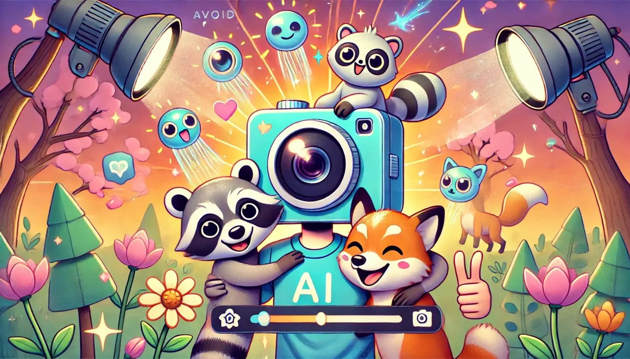 A cartoon camera AI adds a raccoon and fox hugging a smiling user in a pastel dreamscape with sparkles and flower petals.