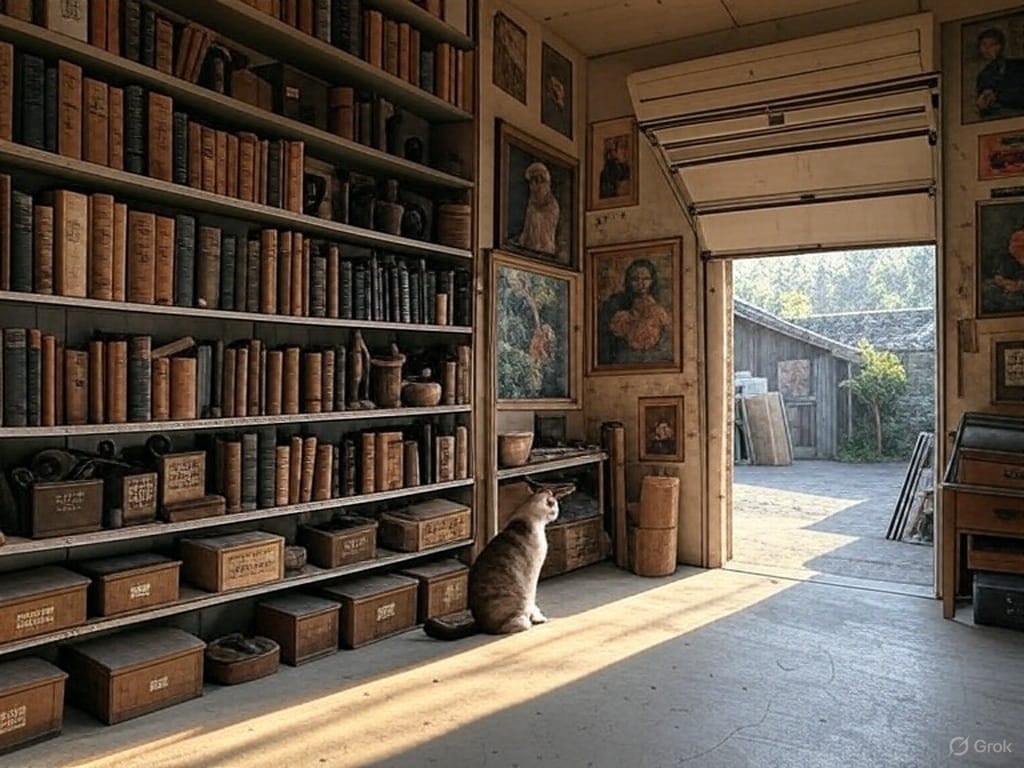 Un garage en France pendant le printemps, transformé en musée un peu detraque avec des étagères d'objets perdus étiquetés.