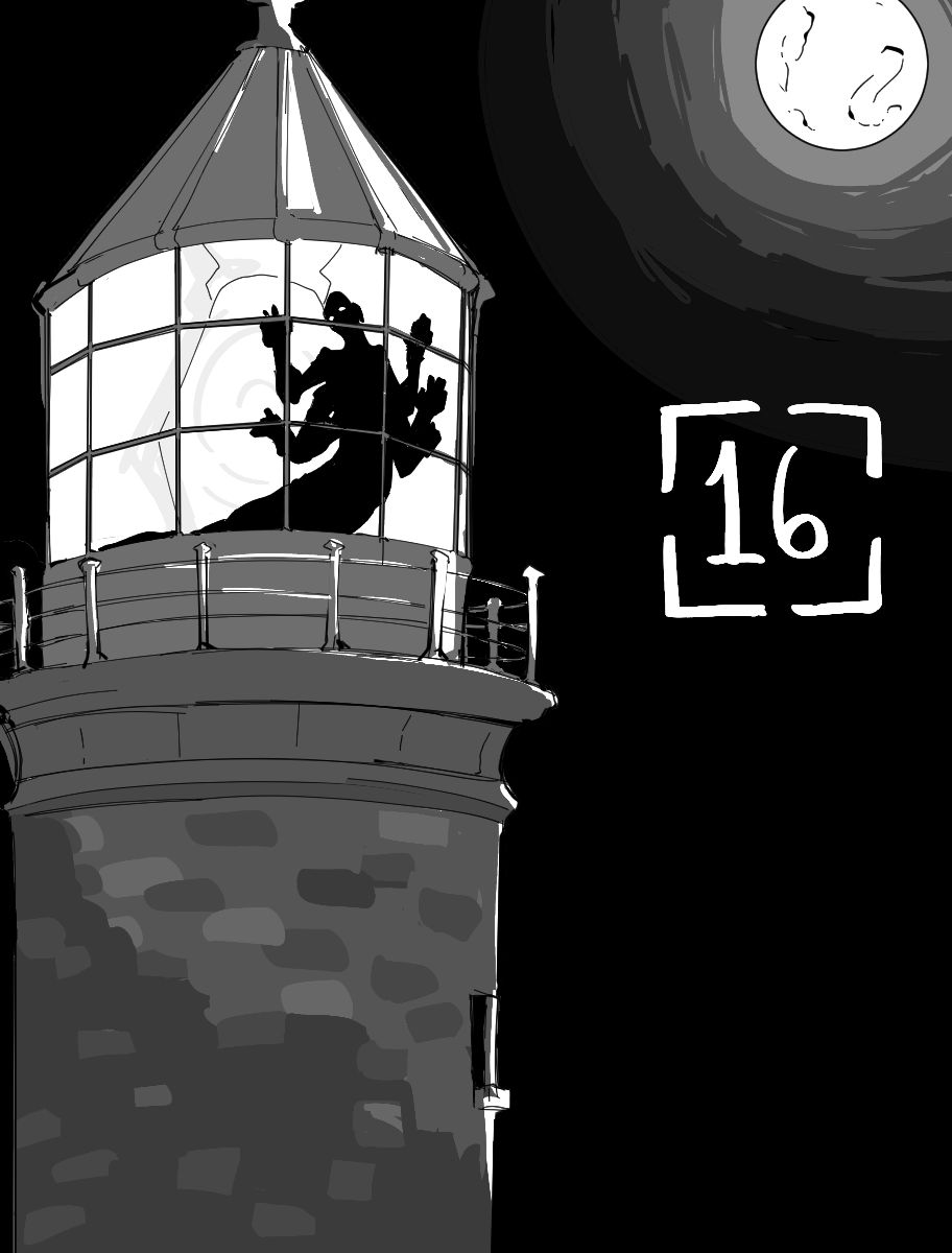 Desenho monocromático. O desenho mostra o topo de um farol durante a noite, com a lua no canto superior direito da imagem. A luz está acesa, e graças a ela é possível ver a silhueta de um monstro no interior do farol. Ele possui cabeça humanoide e três pares de braços, com um tronco alongado que some da vista, sem mostrar como seriam as pernas da criatura. No lado direito há o número dezesseis para indicar o capítulo.