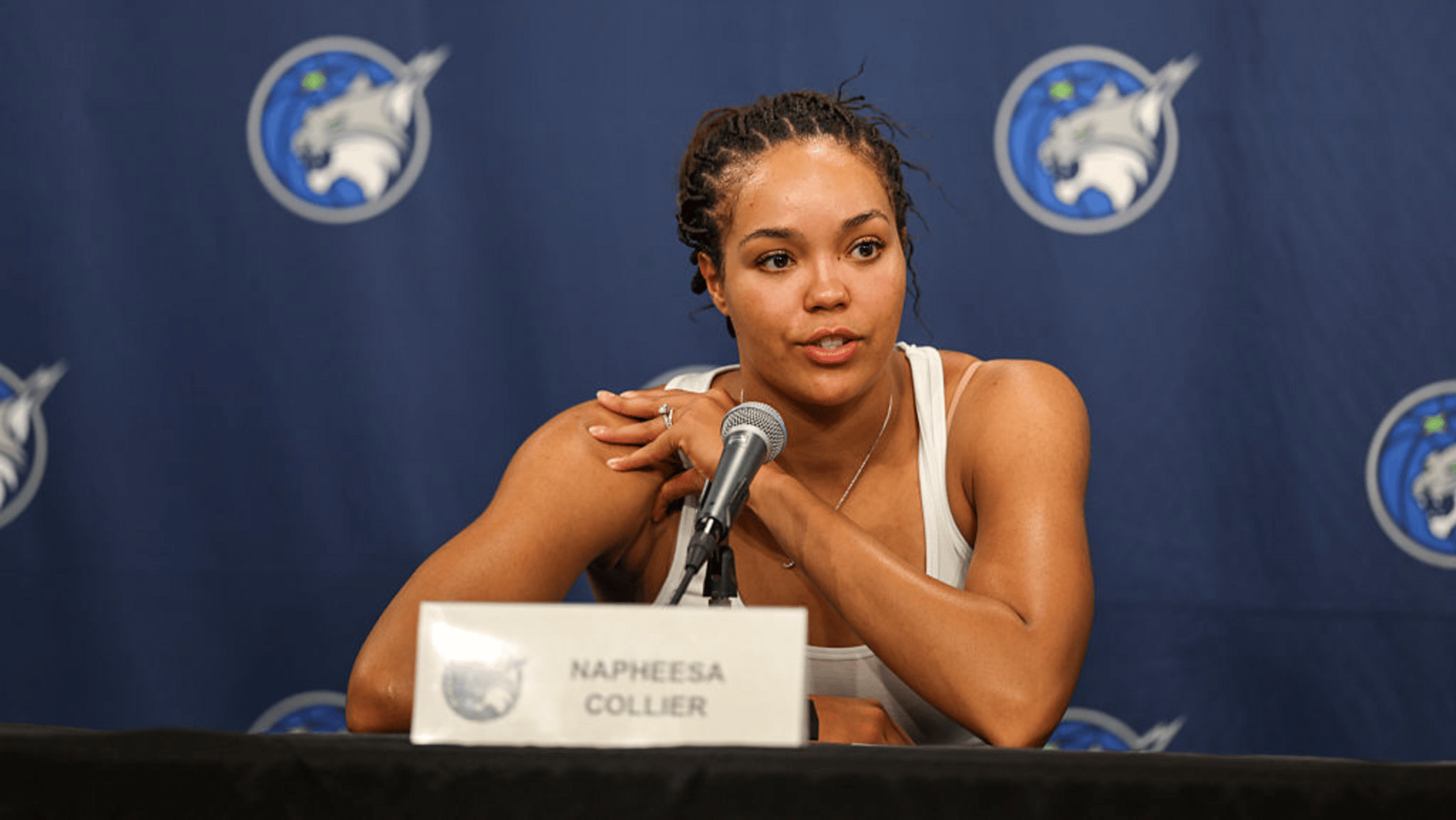 Napheesa Collier #24 of the Minnesota Lynx speaks in a post-game press conference after the game between the Minnesota Lynx and the Atlanta Dream at Target Center on July 27, 2025 in Minneapolis, Minnesota. 
