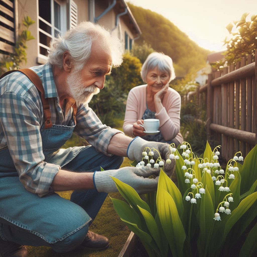 An elderly French man shows lily-of-the-valley buds to his neighbor over a wooden garden fence in spring.