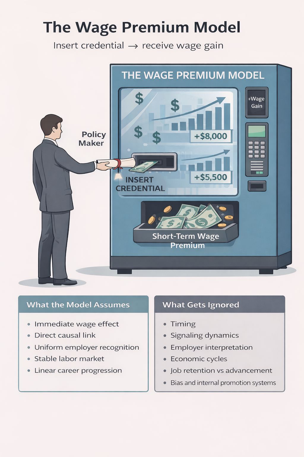 Image of a policy maker depoisiting a credential into a vending machine and receiving a wage premium