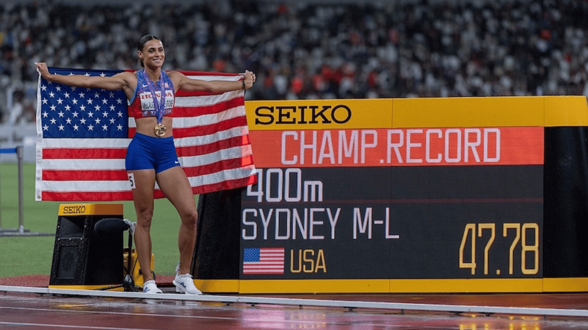 Sydney Mclaughlin-Levrone of the United States celebrates following setting a championship record in the Women's 400m Final 