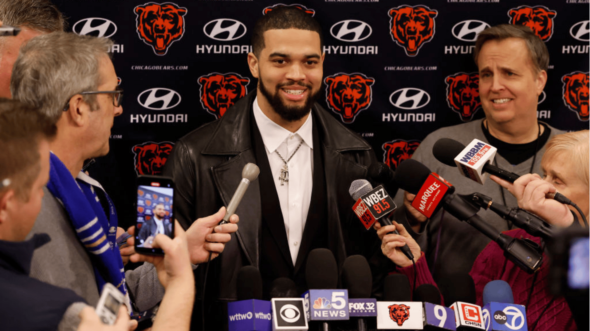 Caleb Williams of the Chicago Bears speaks to the media after a introductory press conference for new head coach Ben Johnson at PNC Center at Halas Hall on January 22, 2025 in Lake Forest, Illinois.