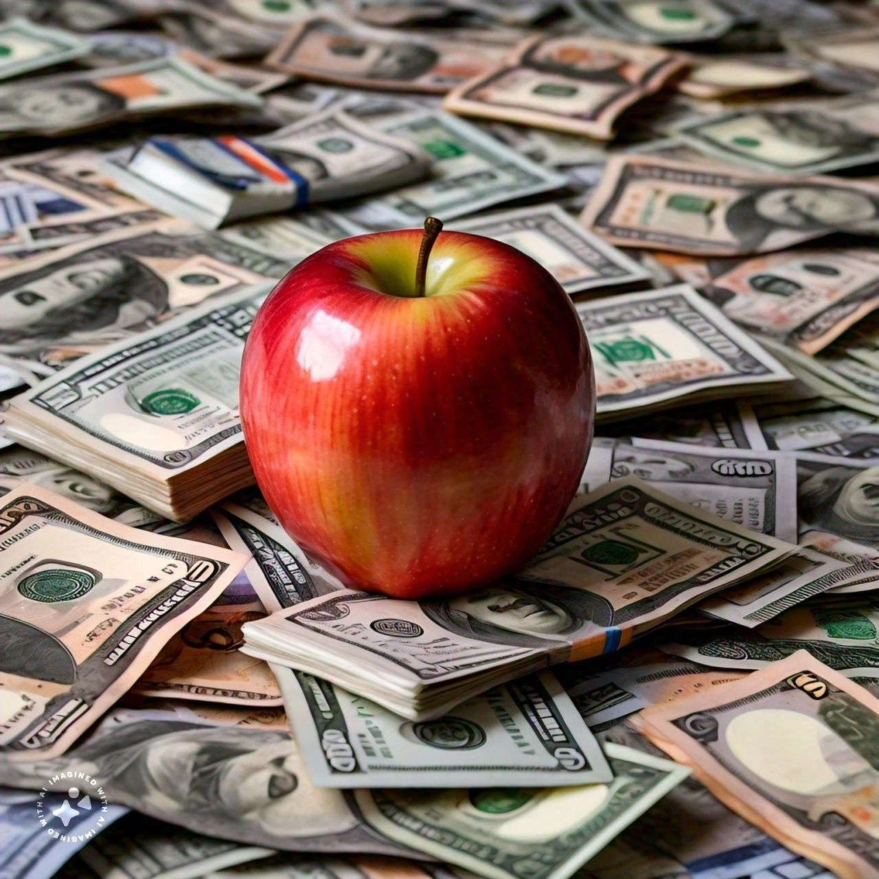 Apple sitting on a pile of cash