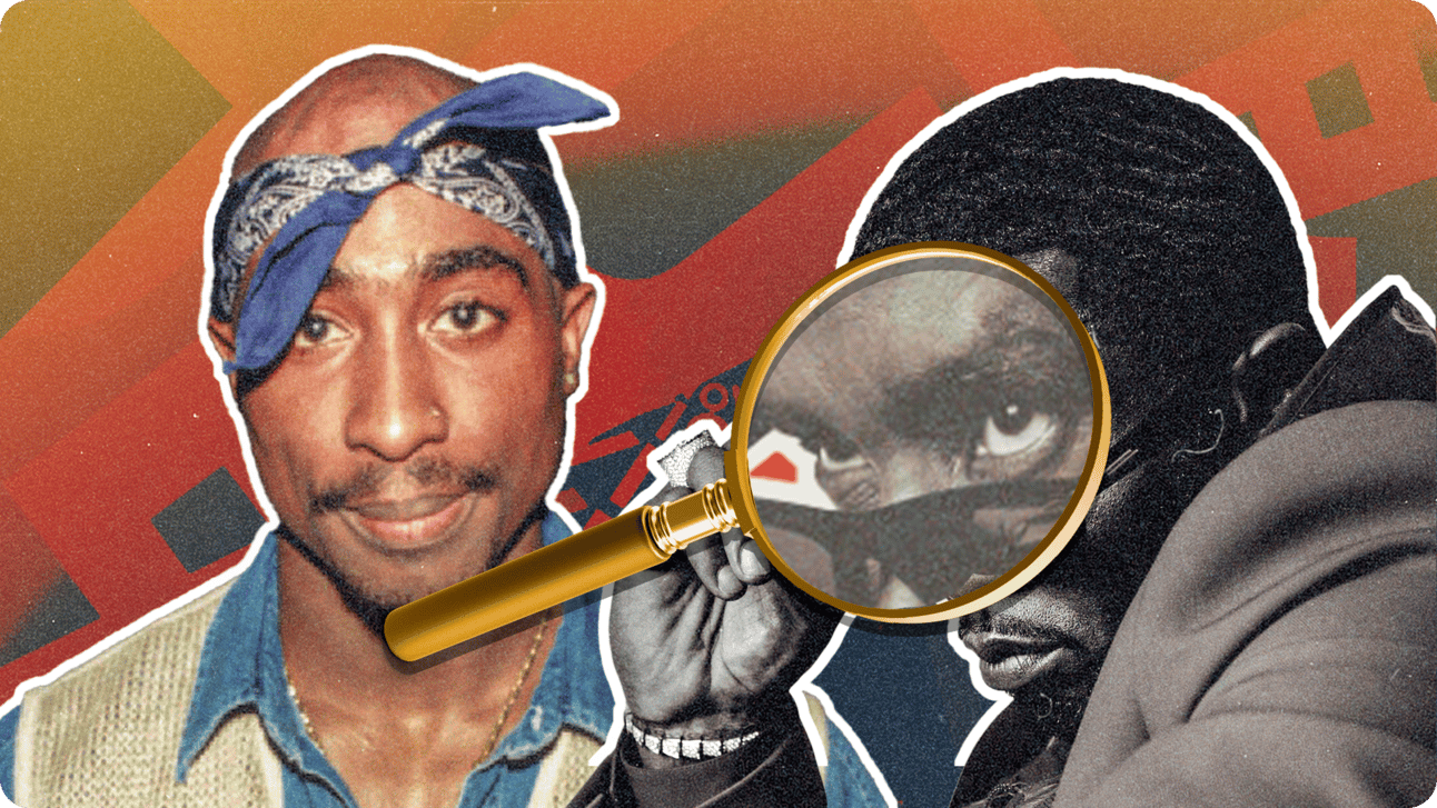 Tupac and Diddy holding a magnifying glass