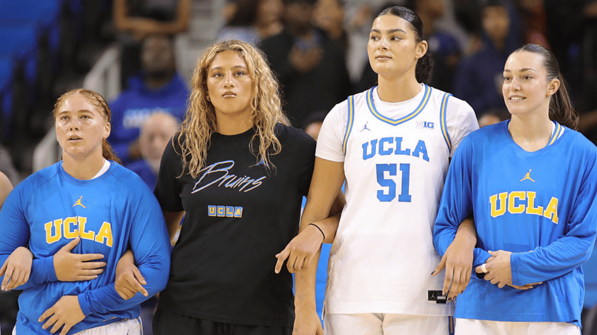 Megan Grant (43), forward Sienna Betts (16), center Lauren Betts (51) and forward Angela Dugalic (32) during the women's college basketball game between the UC Santa Barbara Gauchos and the UCLA Bruins on November 06, 2025, at Pauley Pavilion in Los Angeles, CA.
