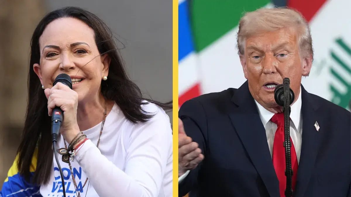 A Latina is pictured holding a microphone next to a white man speaking into a microphone. A thick yellow line seperates them.