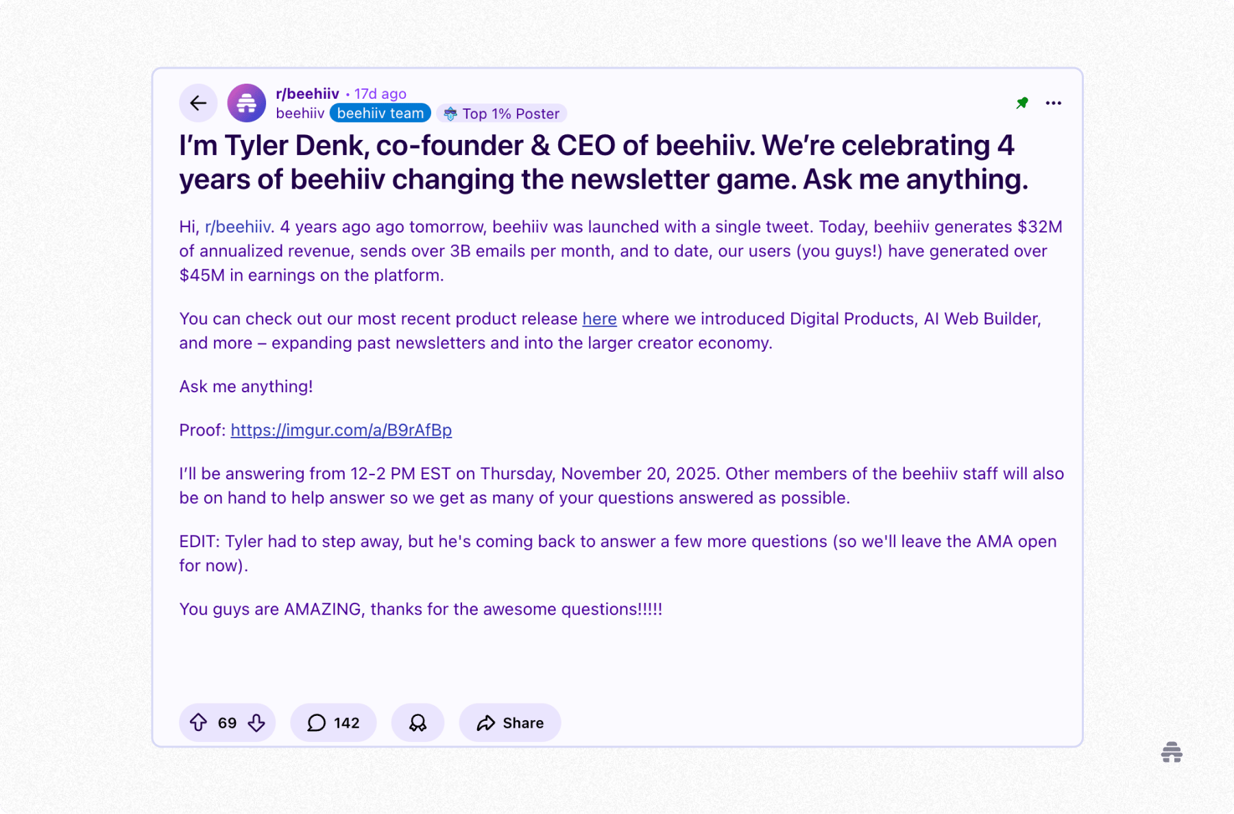 Screenshot of a Reddit AMA post in r/beehiiv where the beehiiv co-founder and CEO announces a Q&A celebrating four years of the newsletter platform and invites creators to ask questions.