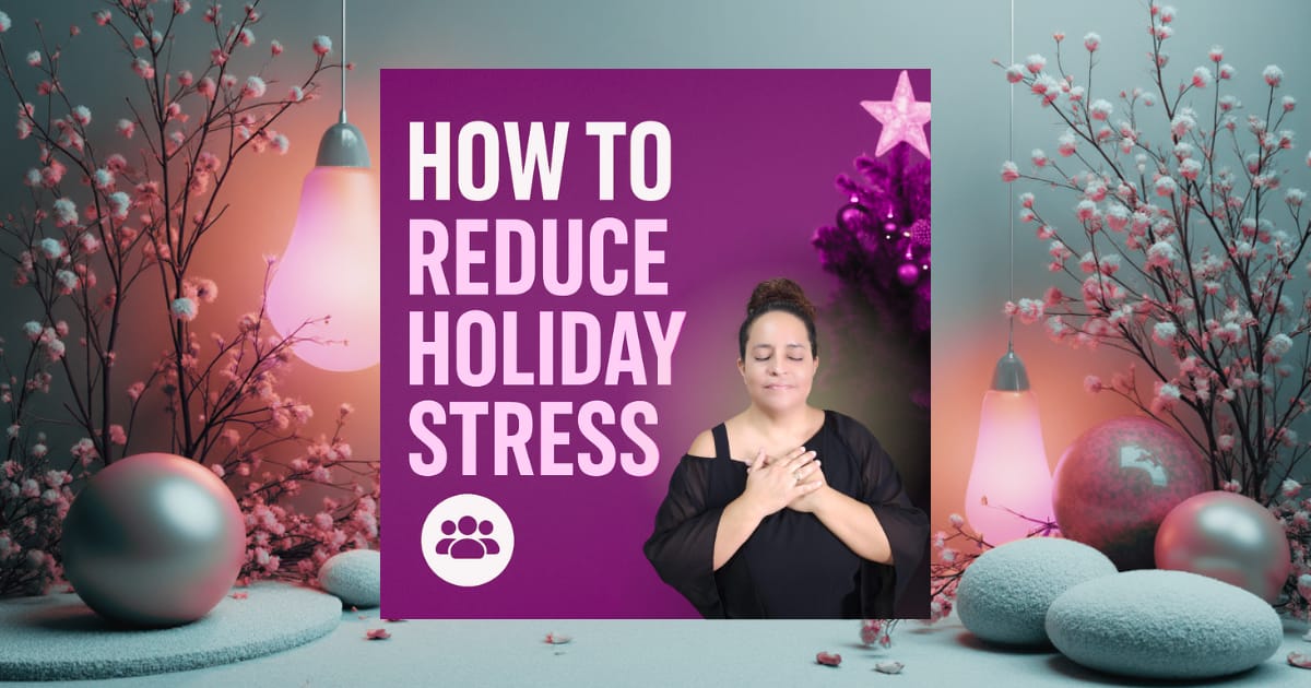 Jenice Story practicing mindfulness surrounded by soft pink lights and holiday décor — AJ’s EO Infusions self-care ritual