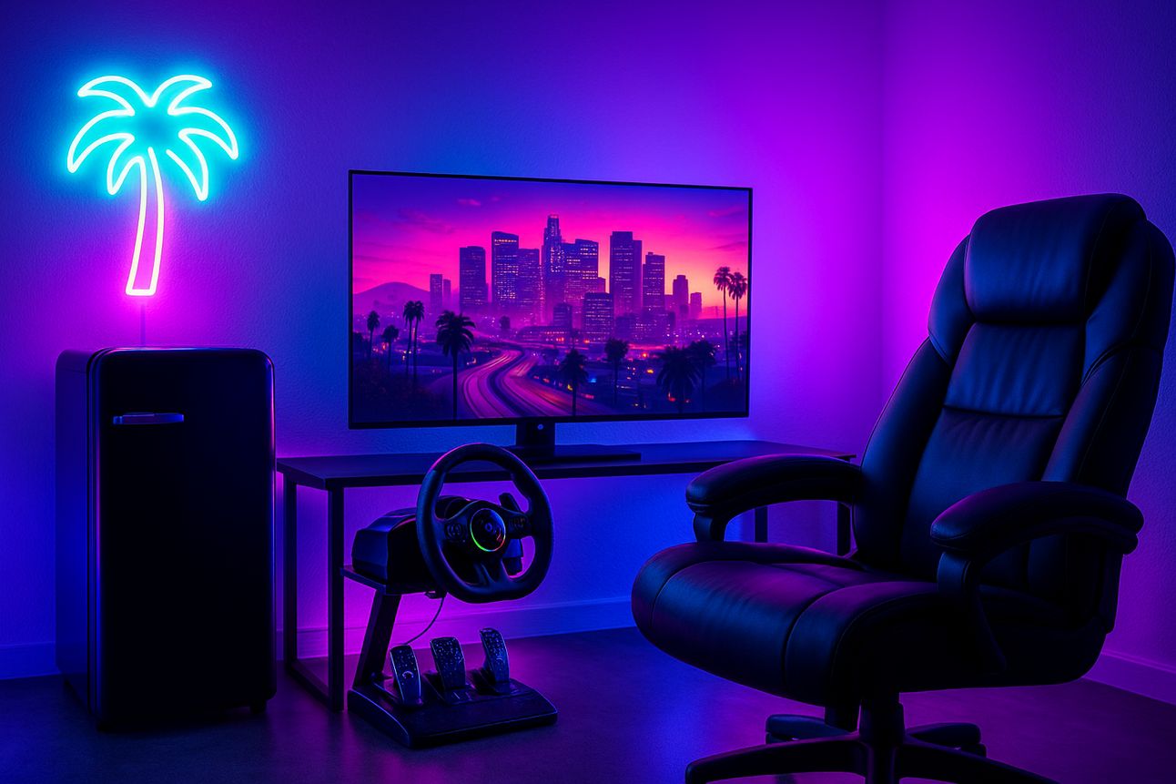 A futuristic gaming room featuring a sleek black mini fridge, a neon palm tree wall sign, a racing wheel and pedal setup, a large 4K monitor displaying a GTA-style neon cityscape, and a black leather recliner chair, all bathed in vibrant pink and blue ambient lighting in a cinematic 16:9 layout.
