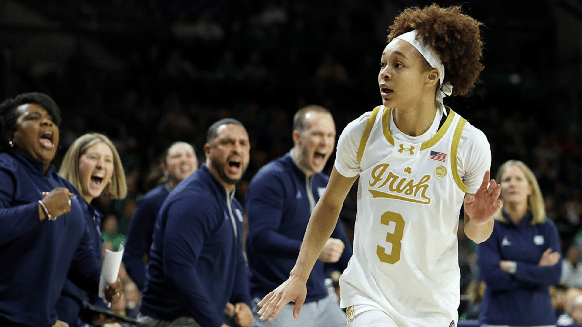 Hannah Hidalgo #3 of the Notre Dame Fighting Irish reacts after her shot attempt was blocked during the first half against the North Carolina Tar Heels at Purcell Pavilion at the Joyce Center on January 11, 2026 in South Bend, Indiana.