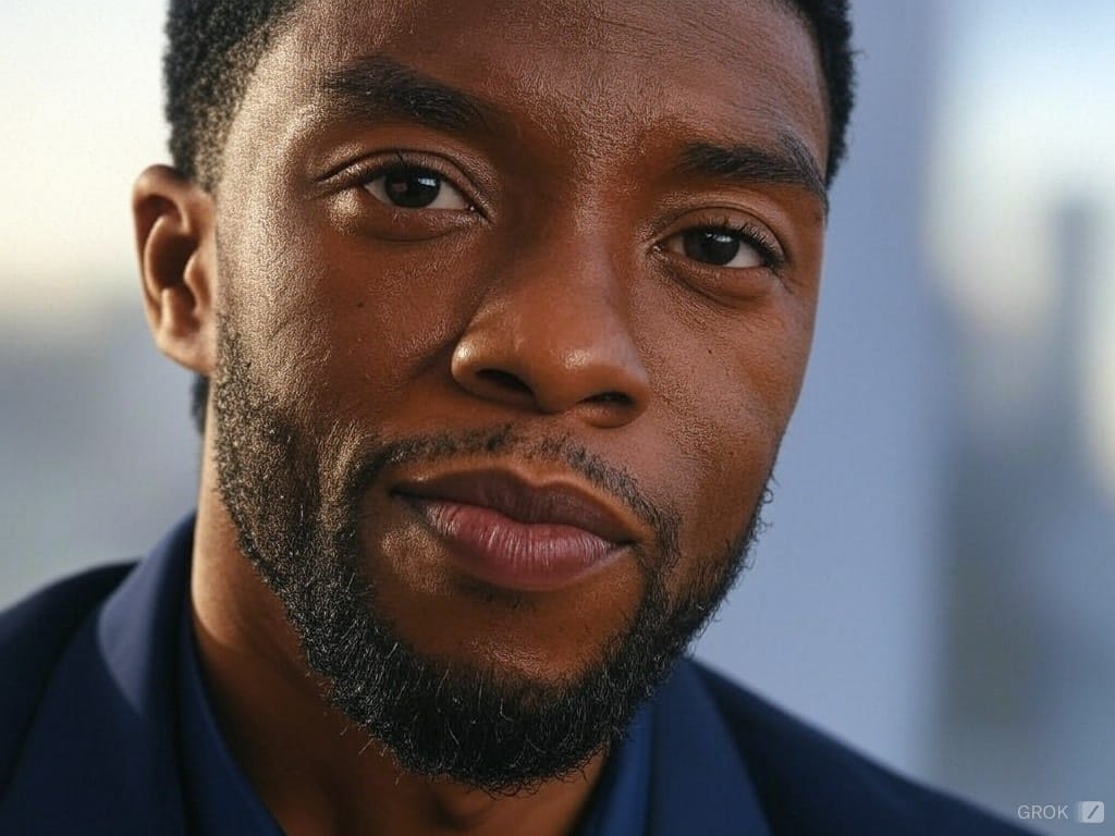 Chadwick Boseman as T’Challa in Black Panther, inspiring audiences worldwide with his portrayal of Black superheroes and historical icons.