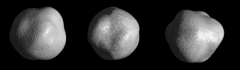 Three views of a 3D model of the asteroid 1998 KY26 showing it to be a lumpy sphere.