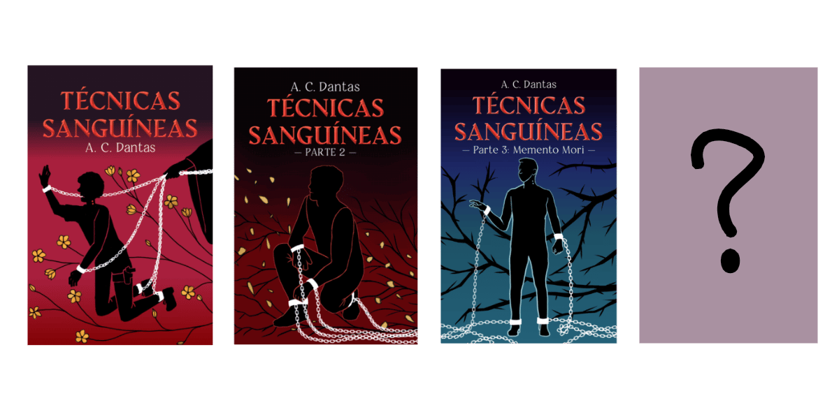 sequencia das capas de técnicas sanguíneas, sendo que a última é um retângulo cinza com ponto de interrogação. As três primeiras capas mostram, em ordem: Daisuke ajoelhado se debatendo contra as correntes, com ramos de flores e o fundo em tons de rosda pôr do sol; daisuke ajoelhado sem se debater, o fundo vermelho e as pétalas voando, deixando os ramos de flores nus; e Daisuke de pé, os ramos de flores agora com espinhos, o fundo azul, as correntes com bastante folga no chão.