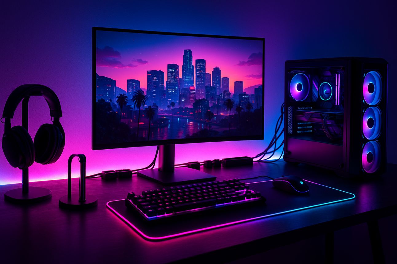 A futuristic GTA 6-themed gaming desk setup featuring a widescreen monitor displaying a neon-lit cityscape, RGB ambient lighting in pink and blue hues, a glowing RGB mouse pad, mechanical keyboard, gaming mouse, sleek black headset on a stand, and a custom-built PC with illuminated fans, all arranged on a clean dark wood desk in a cinematic 16:9 landscape.
