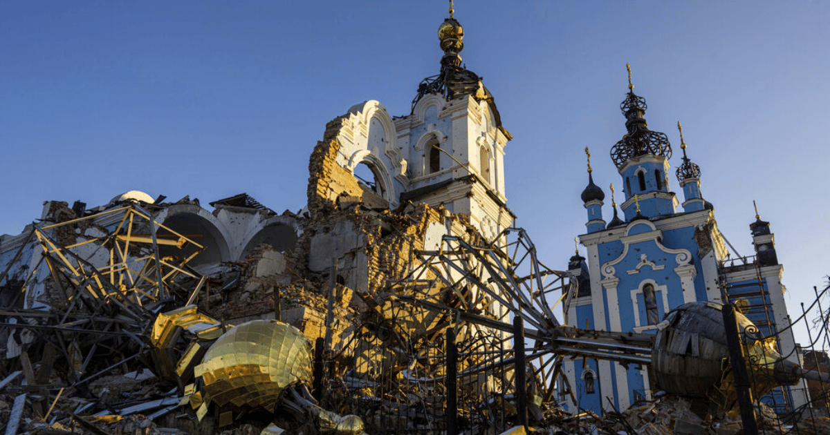 An Orthodox Church that was destroyed by Russian forces in the Ukrainian village of Bogorodychne