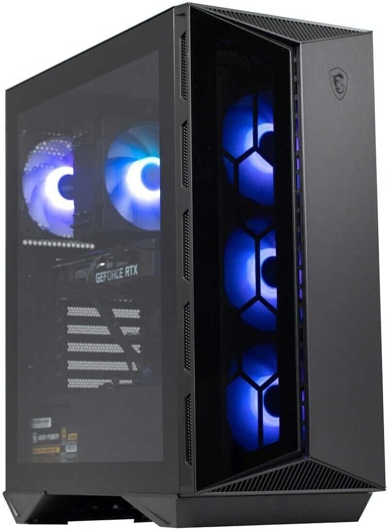 MSI Aegis R – The Balanced Build A stylish mid-tower gaming PC with a glass panel revealing rainbow-lit RGB fans, showcased in a setup with fantasy RPG gameplay on a widescreen monitor.