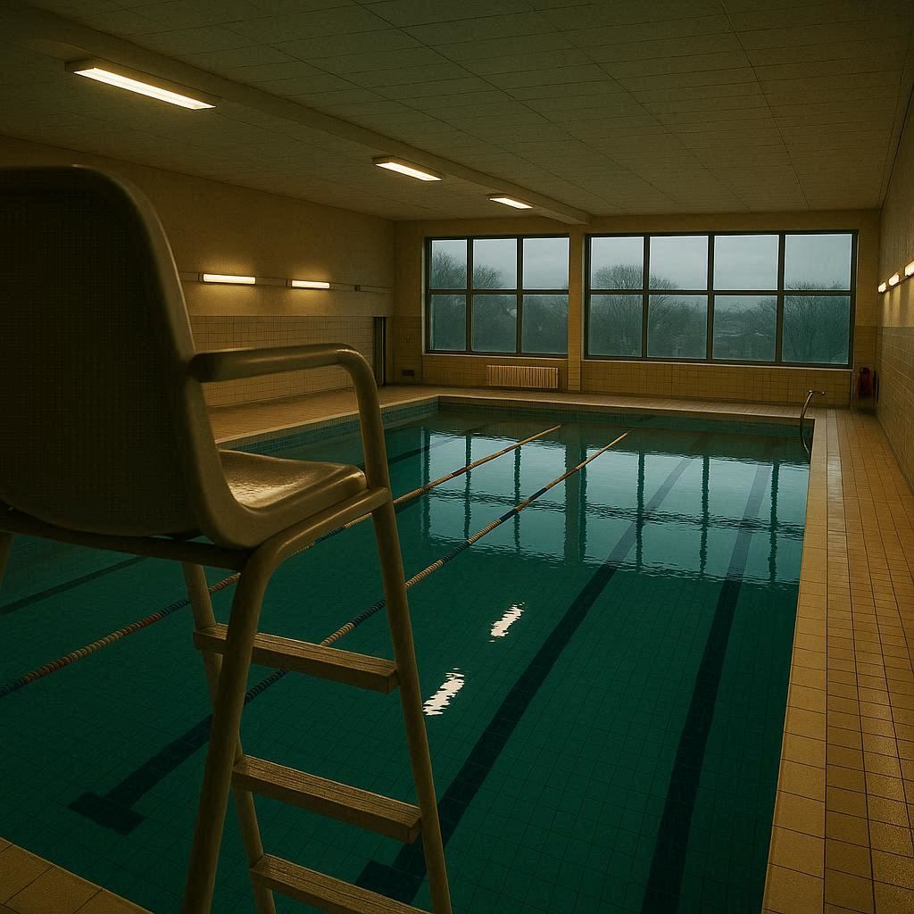 Une piscine couverte calme tôt le matin, vue depuis le siège de surveillance