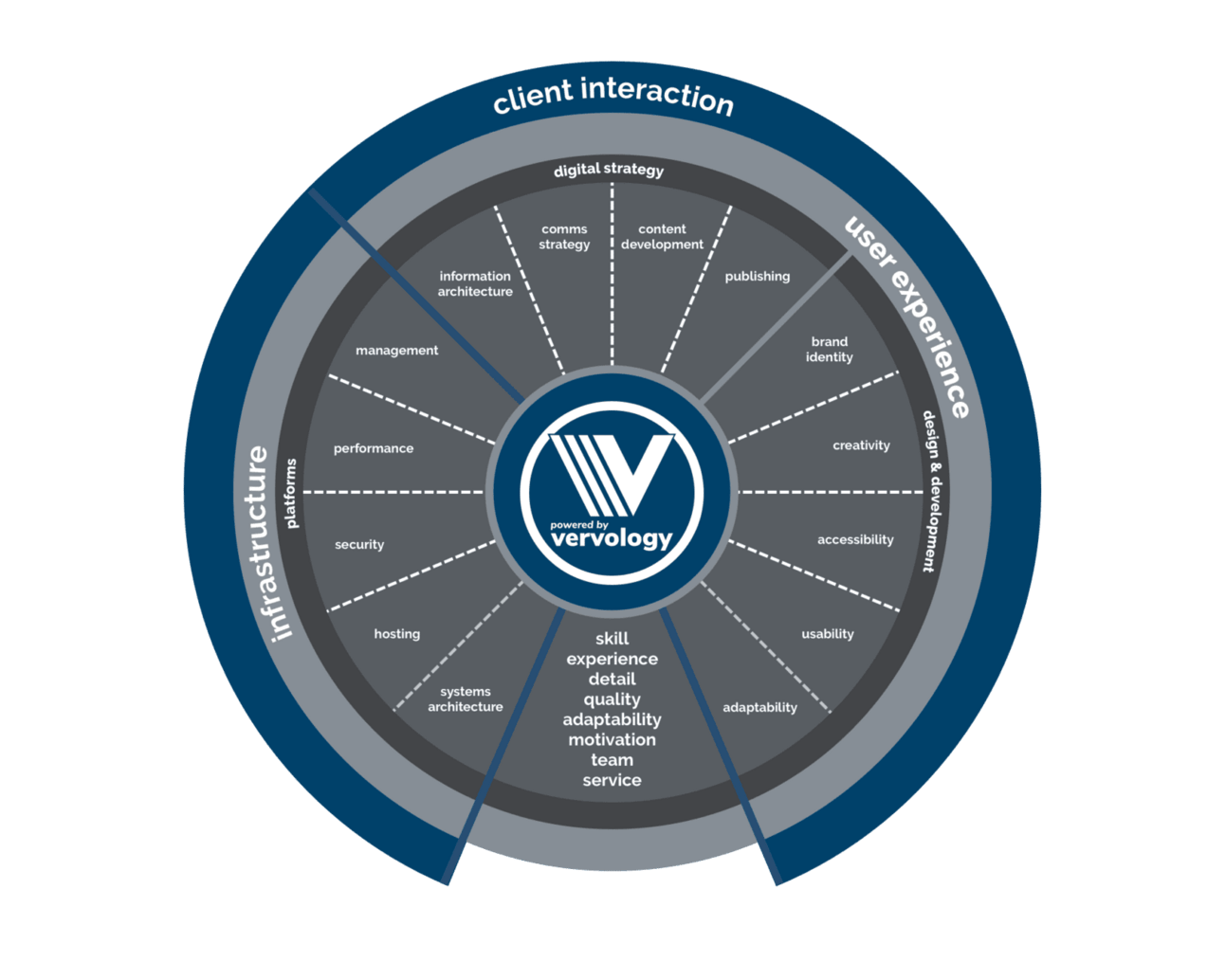 Infographic of Vervology’s core disciplines including digital strategy, design & development, and technology platforms