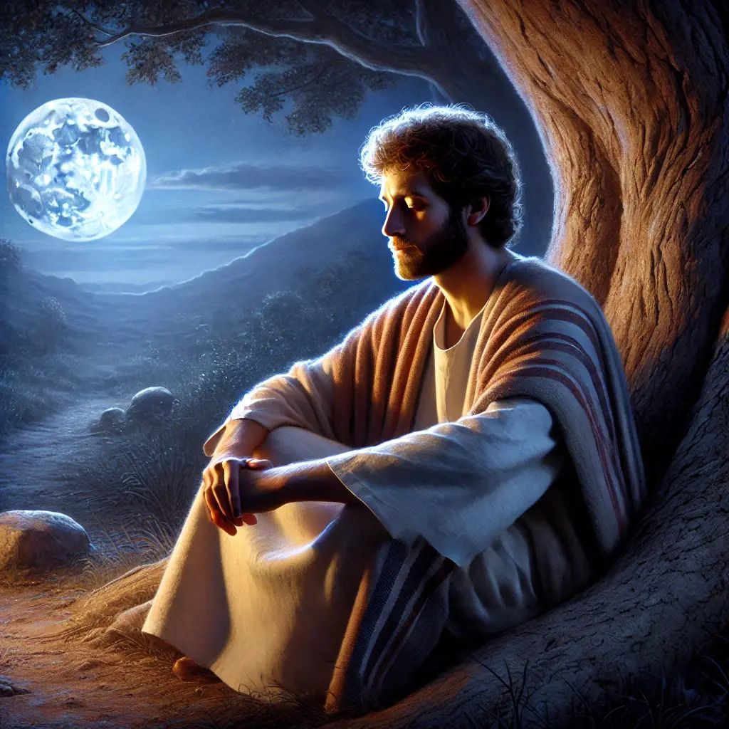 Joseph sitting under a tree at dusk, deep in prayer and contemplation, illuminated by a gentle glow of moonlight.