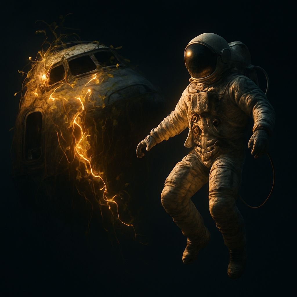 Wide-angle scene of an astronaut illuminated by glowing neon vines near a derelict spacecraft, with shadows falling over the starry background to guide the eye toward the subject.