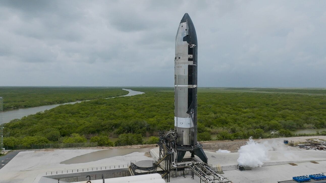 The Starship upper stage on the test stand at the Massey's site at SpaceX's Starbase facility in South Texas.
