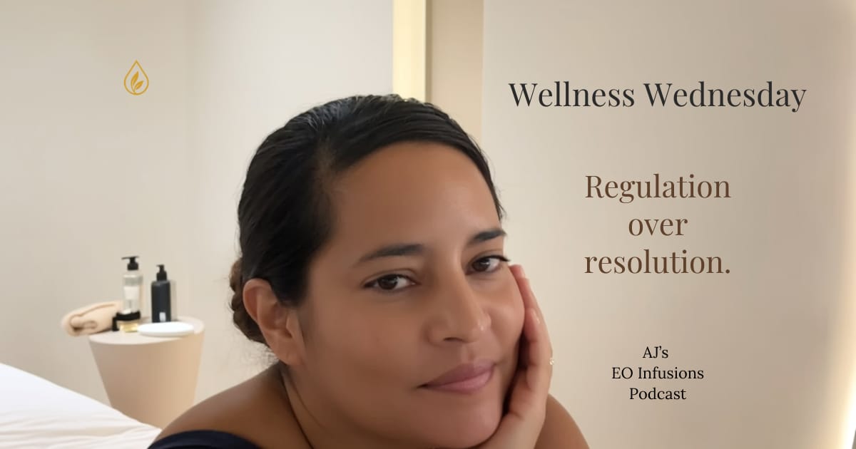 Jenice Story resting her face on her hand in a calm wellness setting, representing a Wellness Wednesday podcast on regulation over resolution by AJ’s EO Infusions.