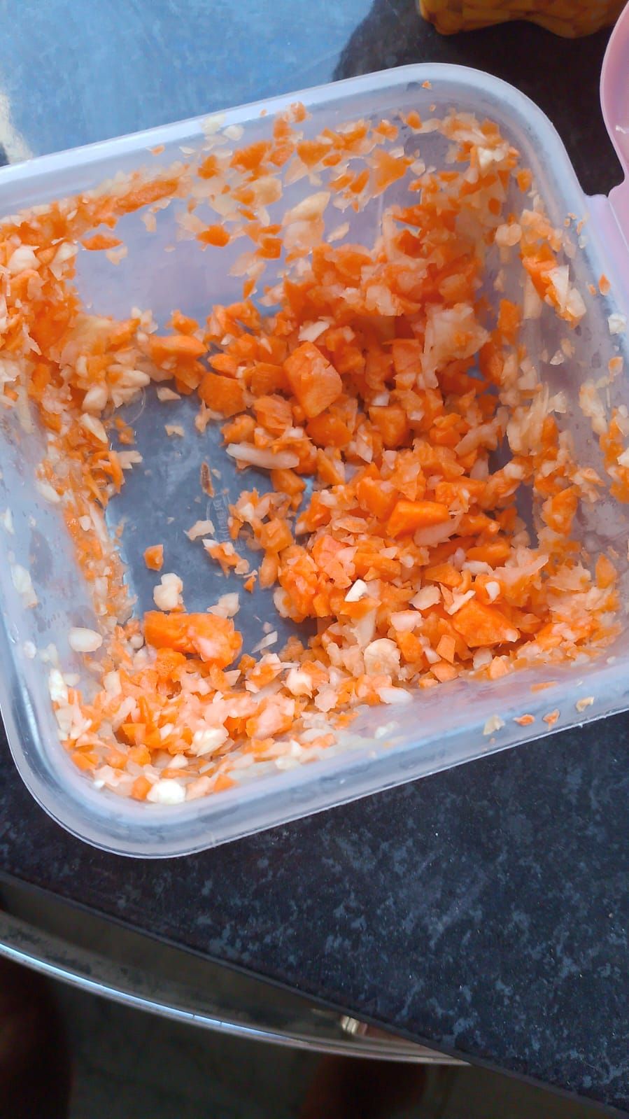 Vasilha plástica com um mistura triturada de cenoura, cebola e alhoo