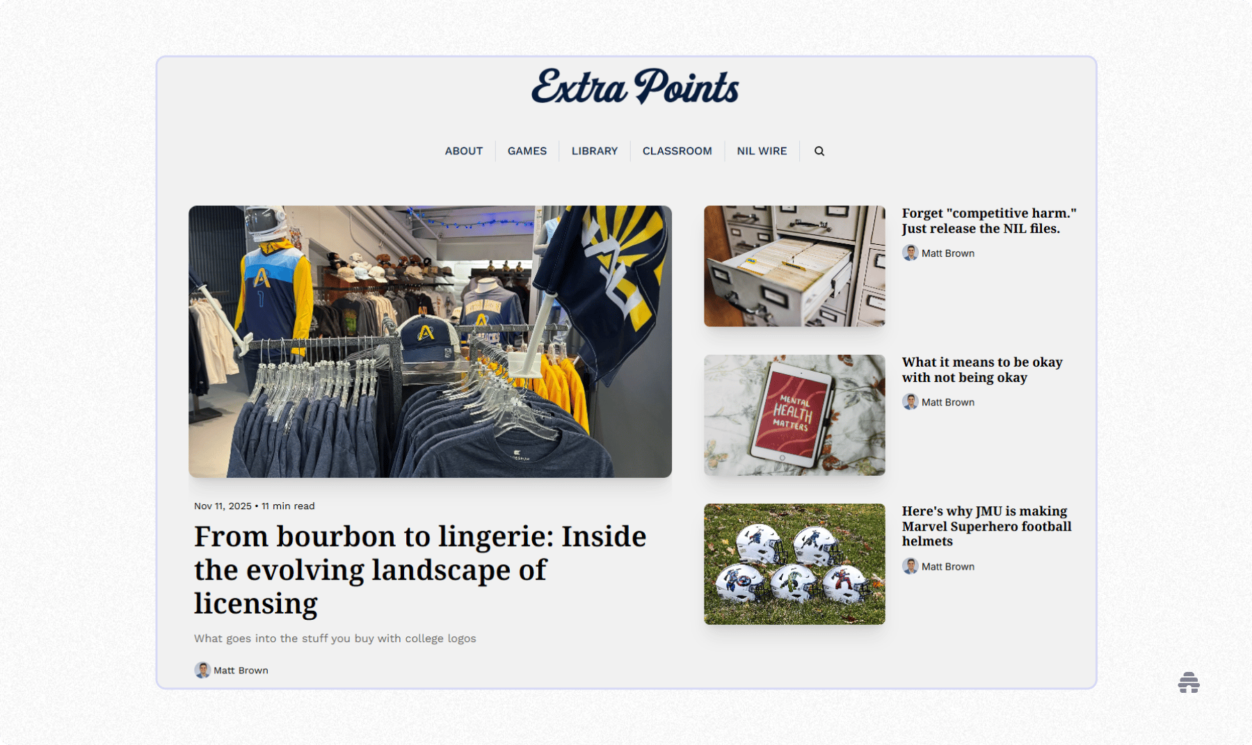 Homepage of the Extra Points newsletter, highlighting featured articles on college sports business topics and showcasing how a creator presents stories, navigation links, and recent posts on their beehiiv-powered site.