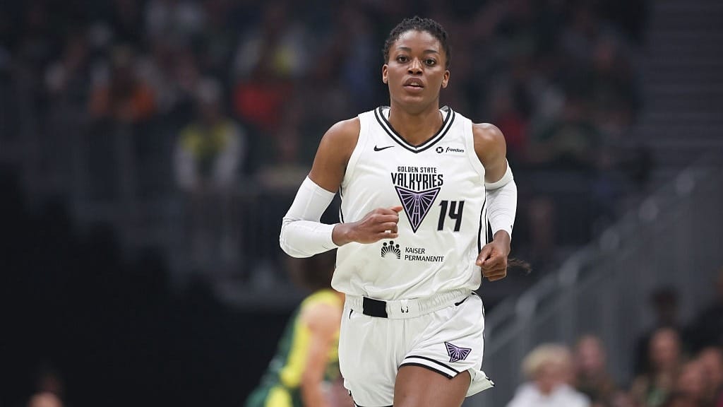 Temi Fagbenle #14 of the Golden State Valkyries plays during the first quarter against the Seattle Storm at Climate Pledge Arena