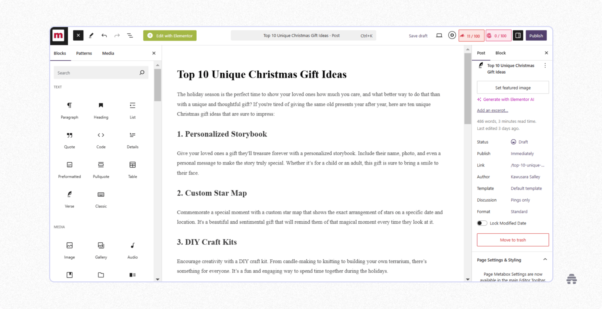 WordPress editor interface with Elementor showing a creator writing a blog post, adding content blocks, and managing SEO and publishing settings.