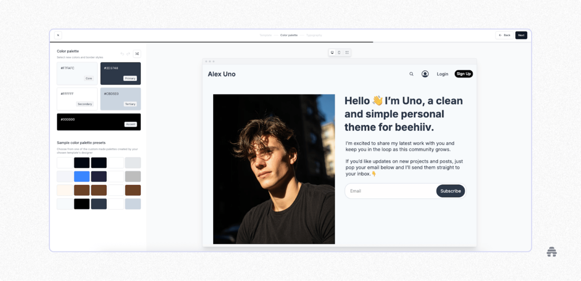 Website builder theme editor customizing a color palette and previewing a beehiiv site template with a newsletter signup form. Interface shows how creators adjust branding and design for a personal website or newsletter page.
