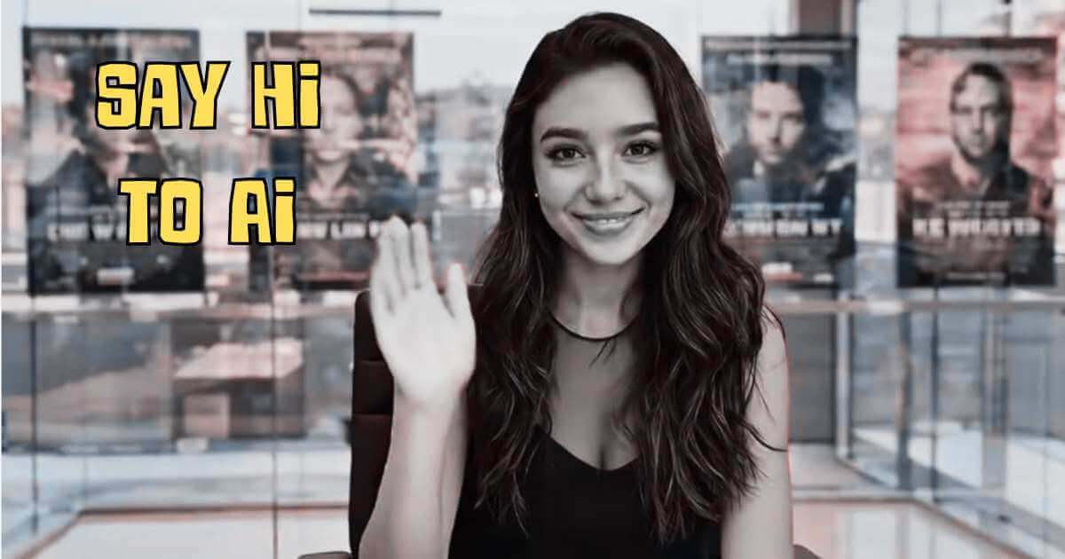 Young woman with long dark hair, smiling and raising her hand in a wave. Text reads: SAY HI TO AI