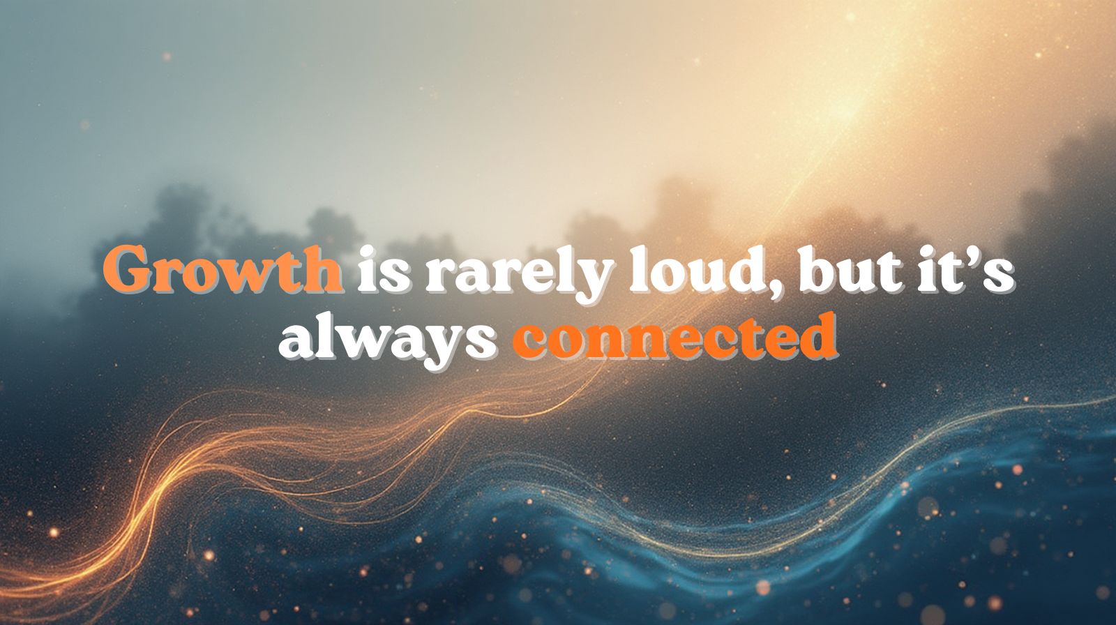 Thin glowing threads connect abstract geometric shapes in a bright minimalist space, symbolising quiet compounding and interconnected growth.