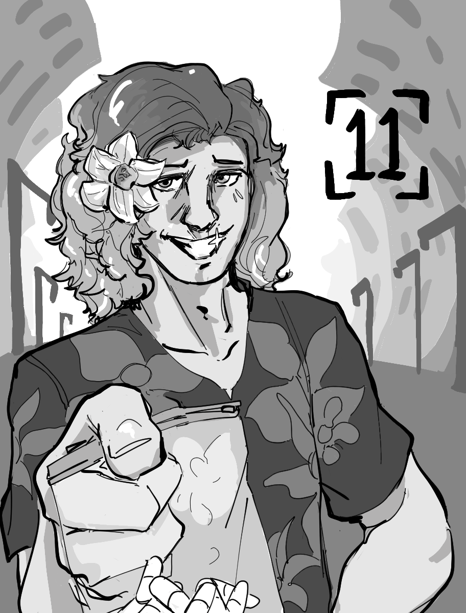 Desenho monocromático. O desenho mostra um homem sorridente, uma flor adorna seus cabelos volumosos e ondulados. Ele utiliza uma camiseta de manga curta com estampas floridas e está oferecendo um pequeno saco plástico com pílulas. O cenário ao redor mostra vários postes de luz e prédios cortorcidos em direção ao centro. No topo direito da imagem há o número onde para indicar o capítulo.