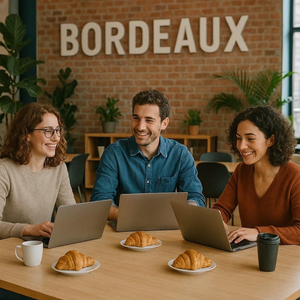 Three people working together at a shared table in a coworking space in Bordeaux, with coffee and croissants.