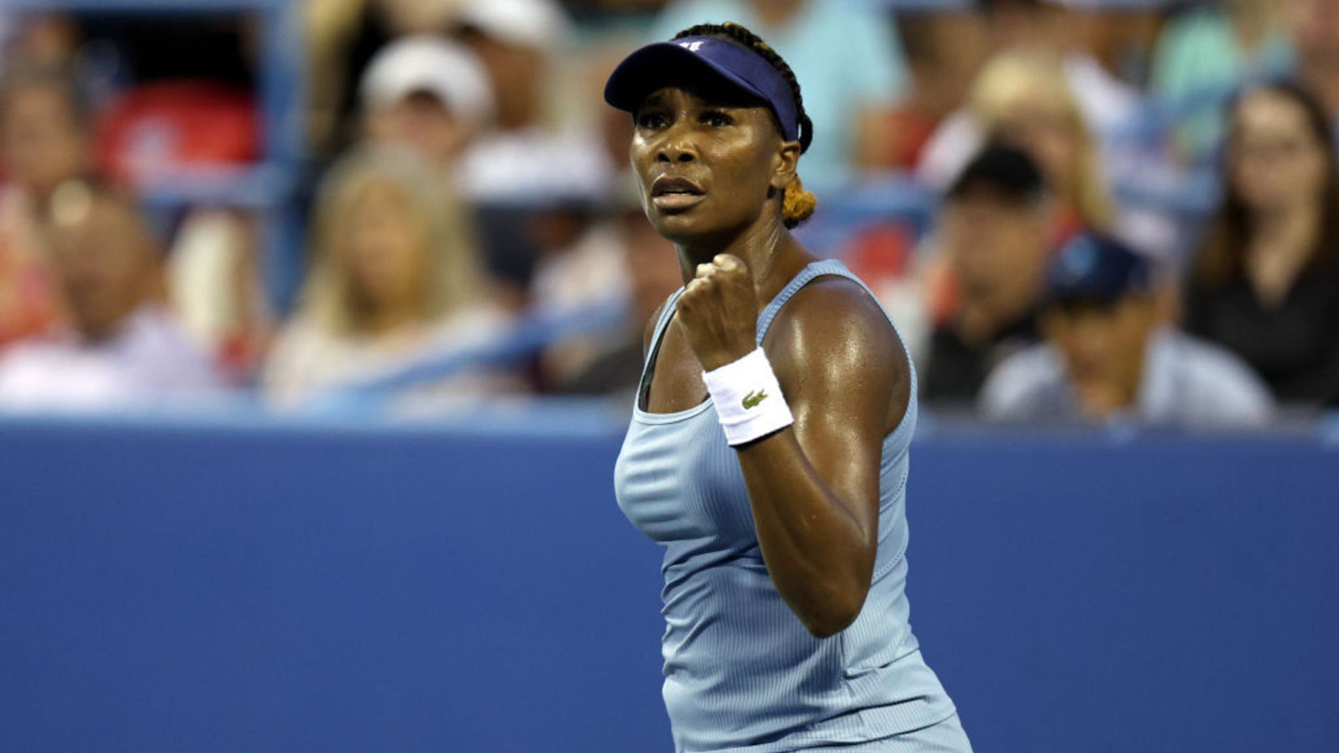 Venus Williams of the United States celebrates a point against Rebecca Marino of Canada during Day 3 of the Citi Open at Rock Creek Tennis Center on August 01, 2022 in Washington, DC.
