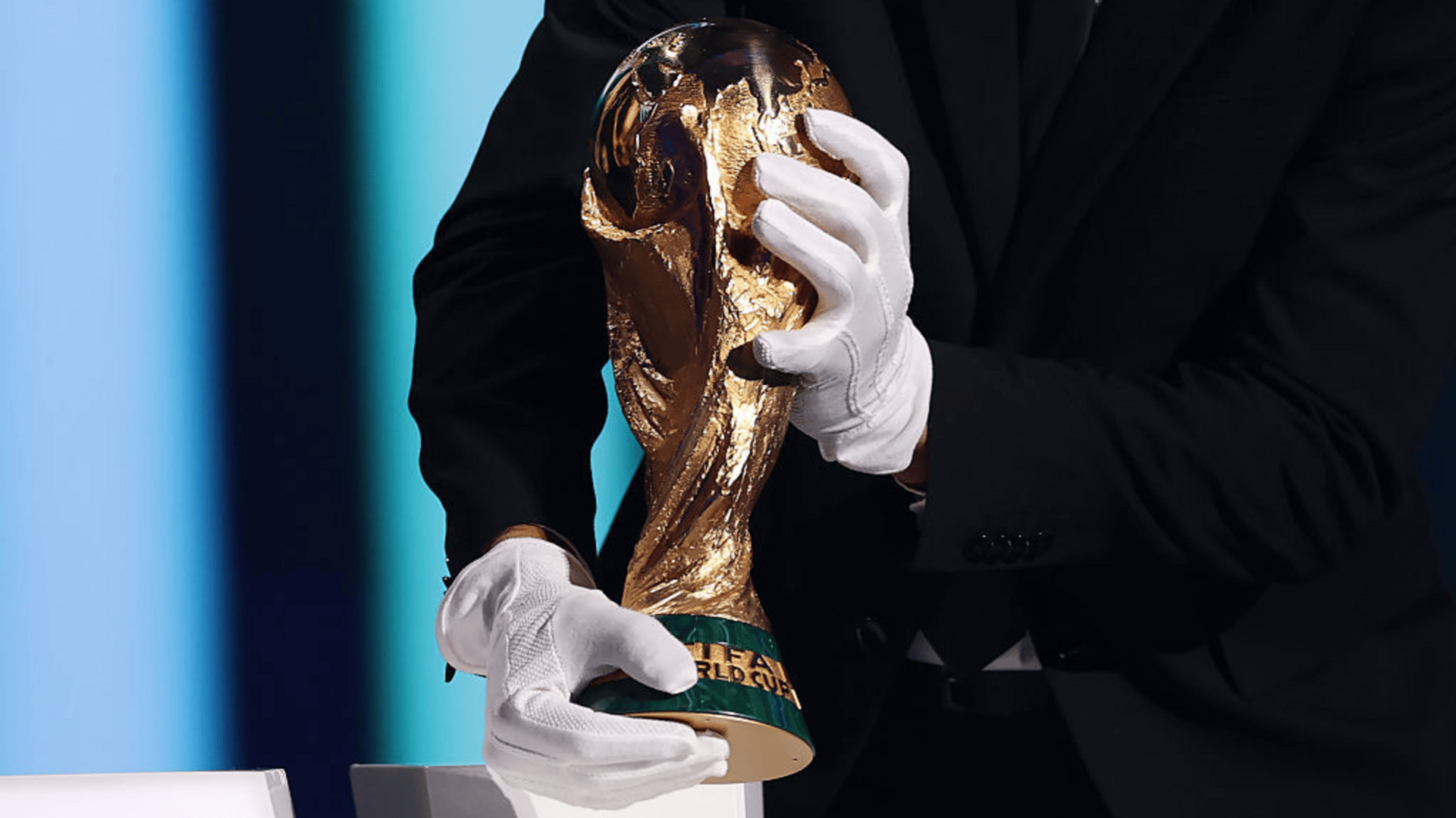 The FIFA World Cup Trophy is seen on stage during the FIFA World Cup 2026 Official Draw at John F. Kennedy Center for the Performing Arts on December 05, 2025 in Washington, DC.
